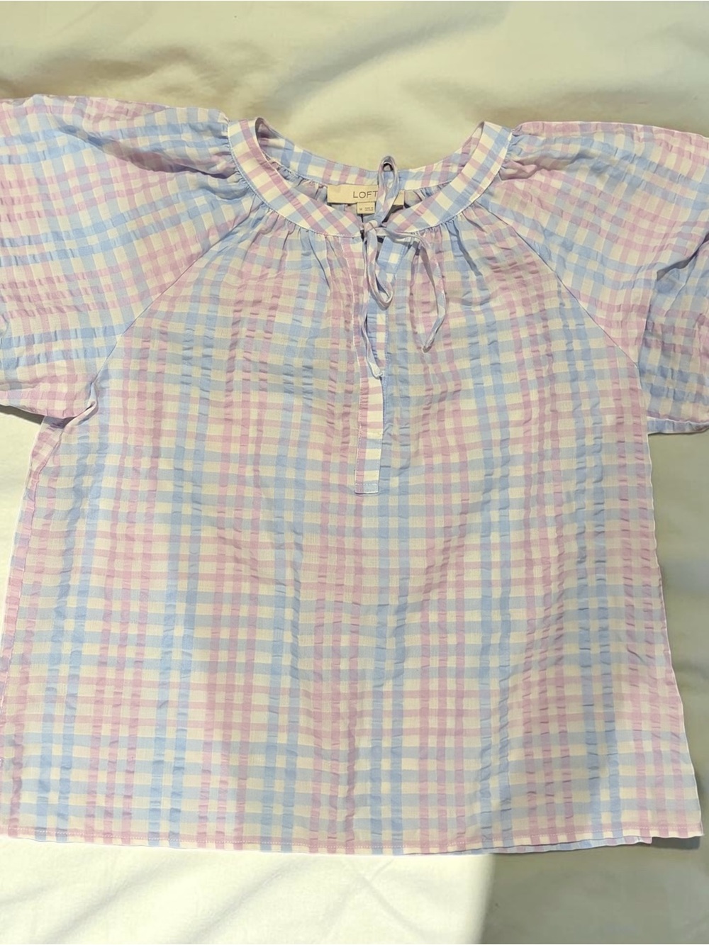 LOFT Pastel Plaid Puff Sleeve Tie Neck Top Medium